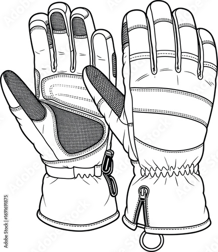 Black and white line art illustration of rugged winter gloves with mesh panels and zippers snow cold