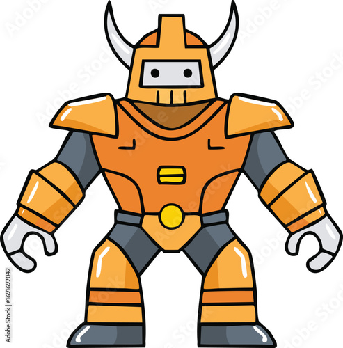 A cartoon illustration of a strong, orange robot wearing medieval-style armor and horns.