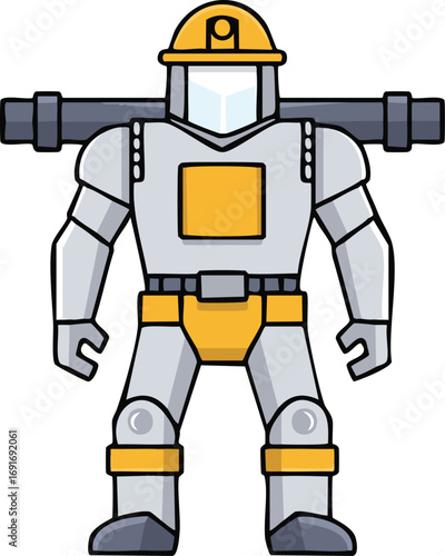 A cartoon robot construction worker stands, carrying pipes on its shoulders, ready for work.