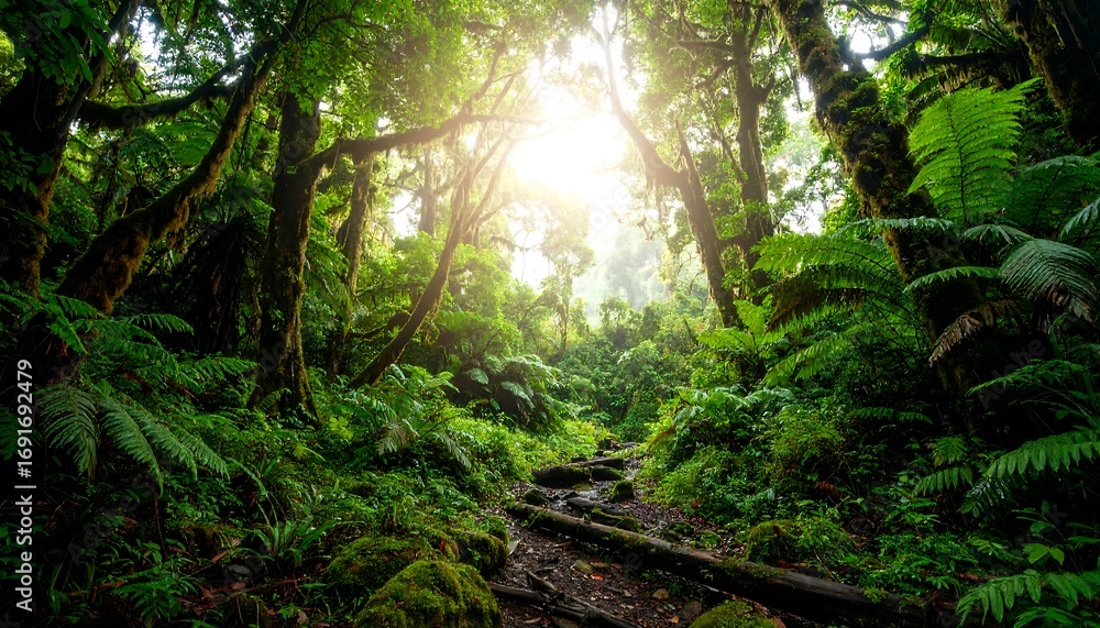 Fototapeta premium Lush rainforest path bathed in sunlight
