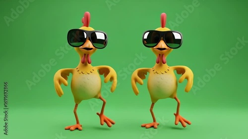 Funny Cool Chickens Dancing - Two 3D cartoon chickens wearing sunglasses are shown dancing against a green screen. They are brightly colored and have a fun, silly expression.