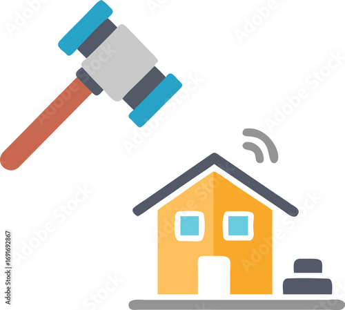 A hammer making contact with a house, alongside a house featuring a hammer, representing building or renovation activities.