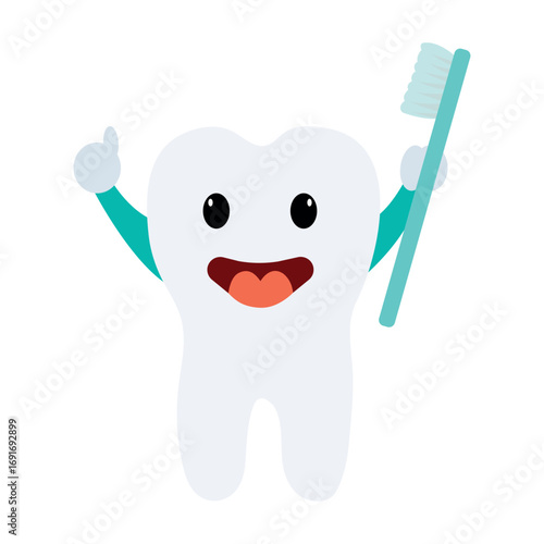 Happy cartoon tooth with toothbrush.