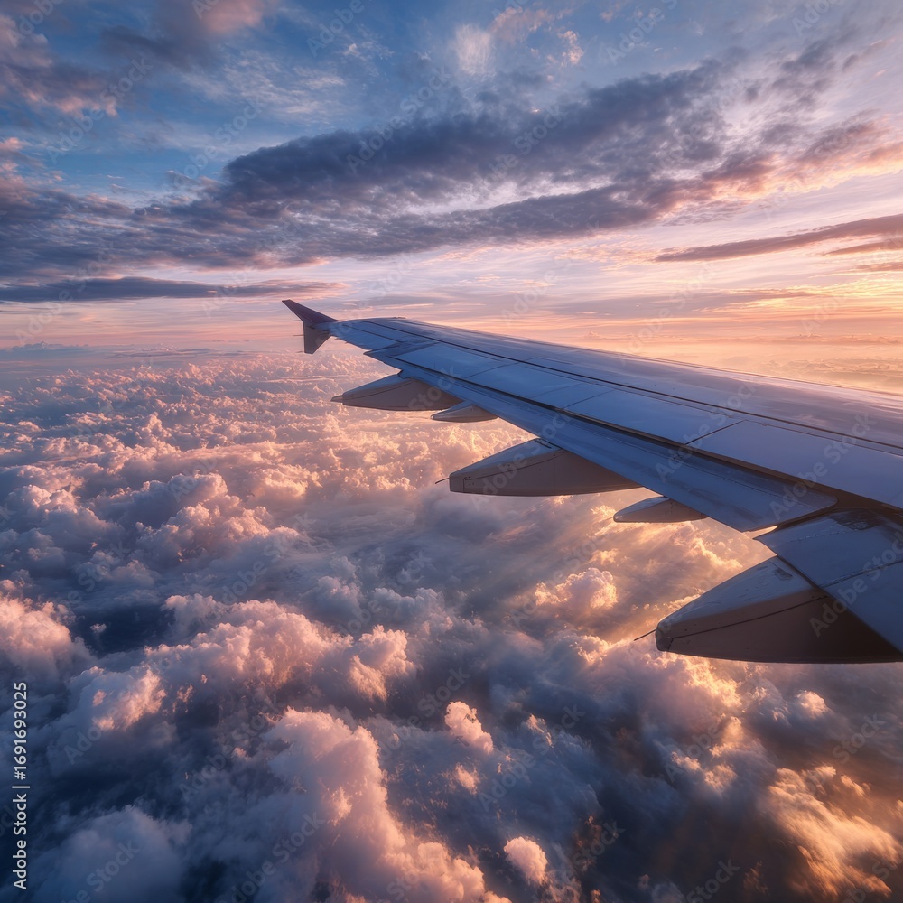 Fototapeta premium Spectacular Sunset View from Airplane Wing Above Cotton Candy Clouds
