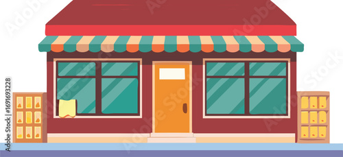 A charming small store with an awning and windows, designed to attract passersby.