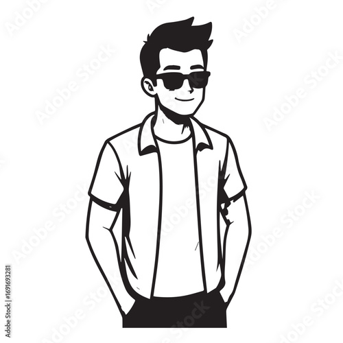 Handsome Man Black and White Illustration Vector Image Male Portrait Fashion Sketch Line Art Design	