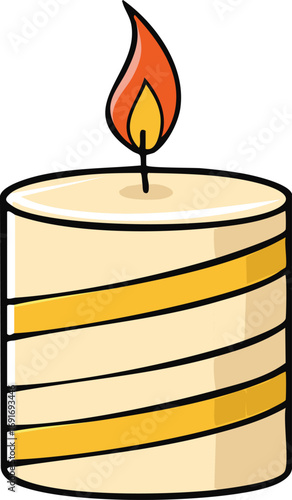 Cartoon illustration of a cylindrical candle with a burning flame, featuring yellow stripes.
