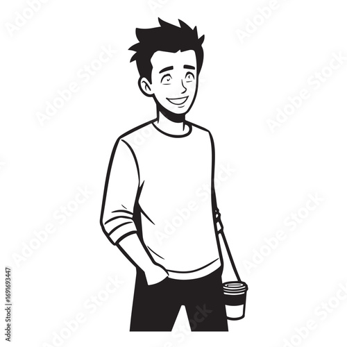 Handsome Man Black and White Illustration Vector Image Male Portrait Fashion Sketch Line Art Design	