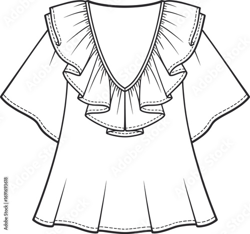 Black and white line drawing of a women's blouse with ruffled V-neck and flutter sleeves clothing garment