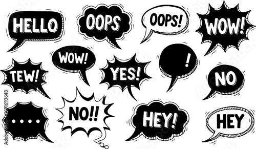 Speech bubbles with words Hello, Oops, Wow, Tew, Yes, No and Hey isolated on white background