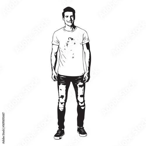Handsome Man Black and White Illustration Vector Image Male Portrait Fashion Sketch Line Art Design	