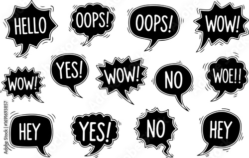 Speech bubbles with messages: Hello Oops Wow Yes No Woe Hey on white background