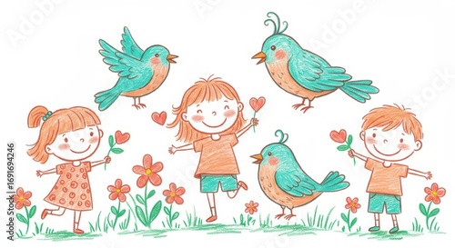 Wallpaper Mural Playful children and birds in a spring meadow, holding flowers and hearts, in a vibrant, joyful scene. Torontodigital.ca