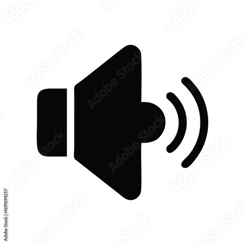 A flat black speaker icon with three curved sound waves indicating audio output on a white background.