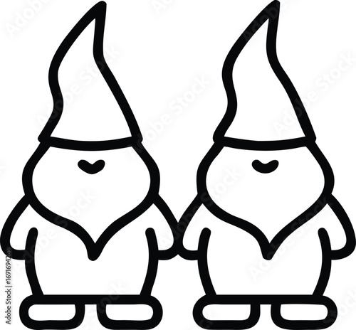 Two outline gnomes with pointed hats and beards illustration for fairy tale design