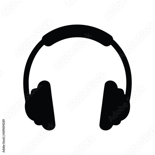 A simple black silhouette of a pair of over-ear headphones against a white background.