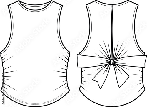 Fashion flat sketch of a sleeveless ruched tank top with a large bow back detail clothing apparel