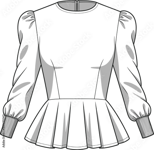 Fashion flat sketch of a white long sleeve peplum top with puffed sleeves blouse garment