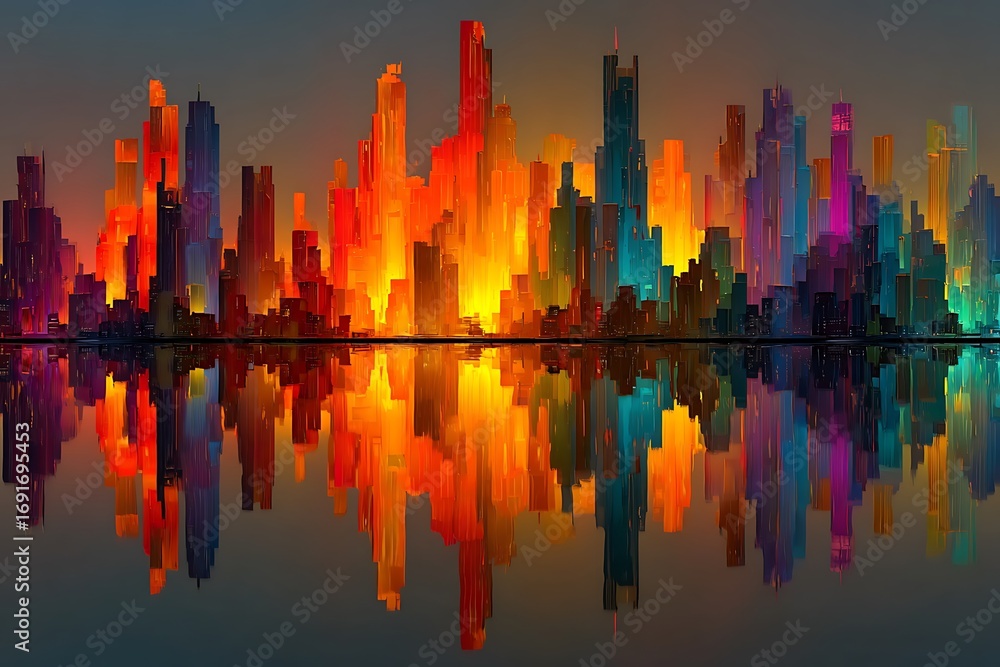 Fototapeta premium Vibrant abstract cityscape with colorful reflections buildings skyscrapers