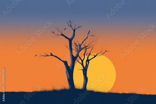 Wallpaper Mural Two bare trees silhouette at sunset Torontodigital.ca