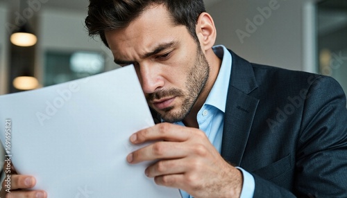 Focused businessman intently reading a document, analyzing important information with concentration.