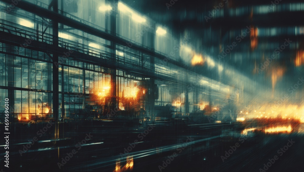 Fototapeta premium Industrial interior, blurred, dark, hazy