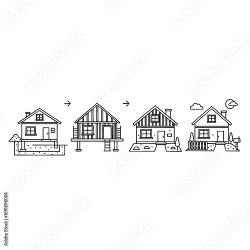 Handdrawn illustration showing the progression of a house adapting to flood risks from a basic foundation to an elevated and protected home.