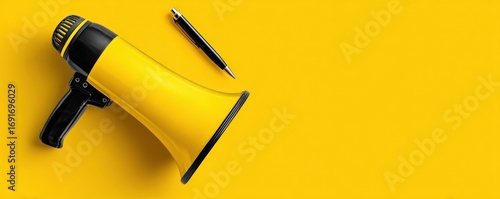 Yellow megaphone and pen on a vibrant yellow background