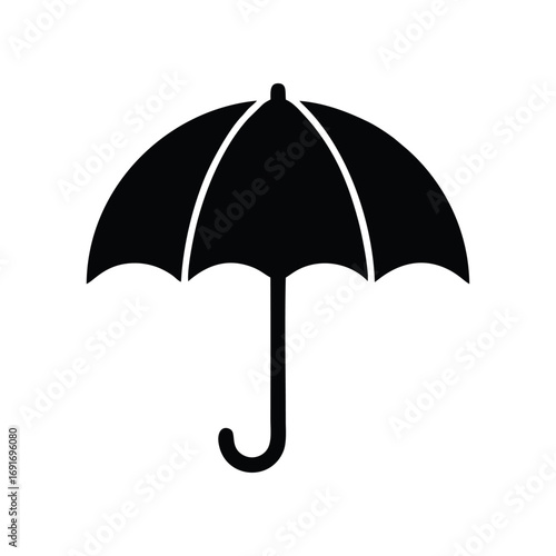 A simple black silhouette of an open umbrella on a white background.