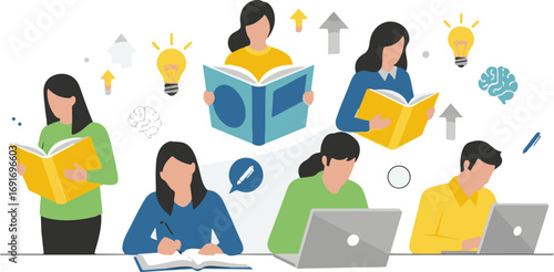 Students studying, learning with books and laptops illustration