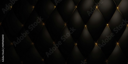 Black tufted leather texture with gold accents creates a luxurious backdrop.