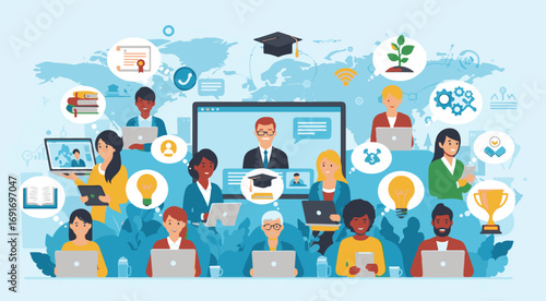 Online education concept illustration with students and world map