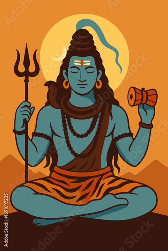 Meditating Lord Shiva serene yoga pose with trident and drum