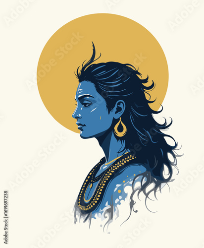 Serene deity profile, blue skin, golden sun halo, modern art