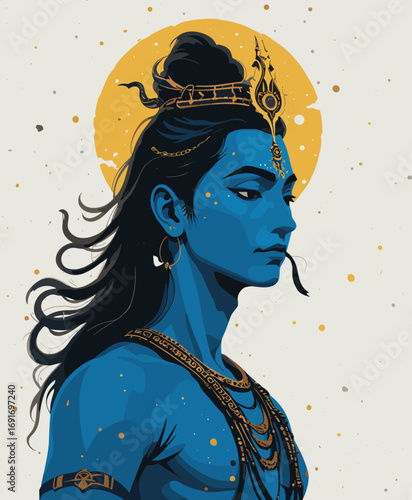 Serene blue deity with golden crown and ornaments