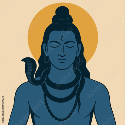 Meditating Shiva serene with snake and golden halo