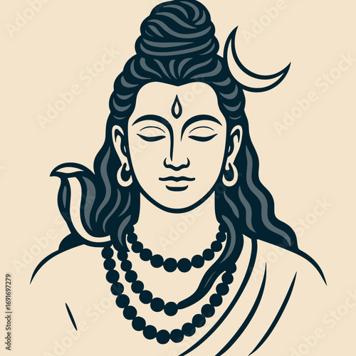 Meditating Lord Shiva with trident and crescent moon