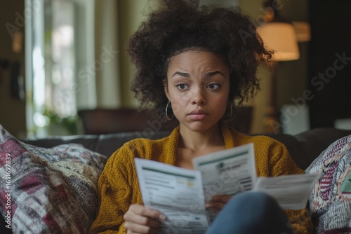 Portrait of a young woman sitting on the sofa at home, worriedly reviewing bills and receipts, showing concern as she faces financial pressures, with a serious expression on her face, Generative AI