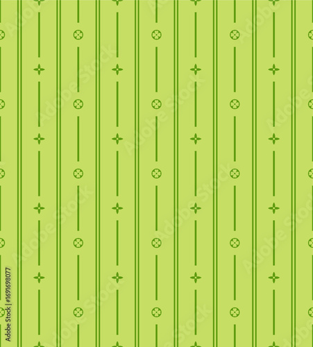 Seamless luxury striped monogram green pattern, vertical ornamental lines with abstract geometric symbols, elegant repeating background design.