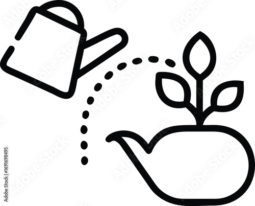 Watering can nourishing plant in pot, simple line art illustration