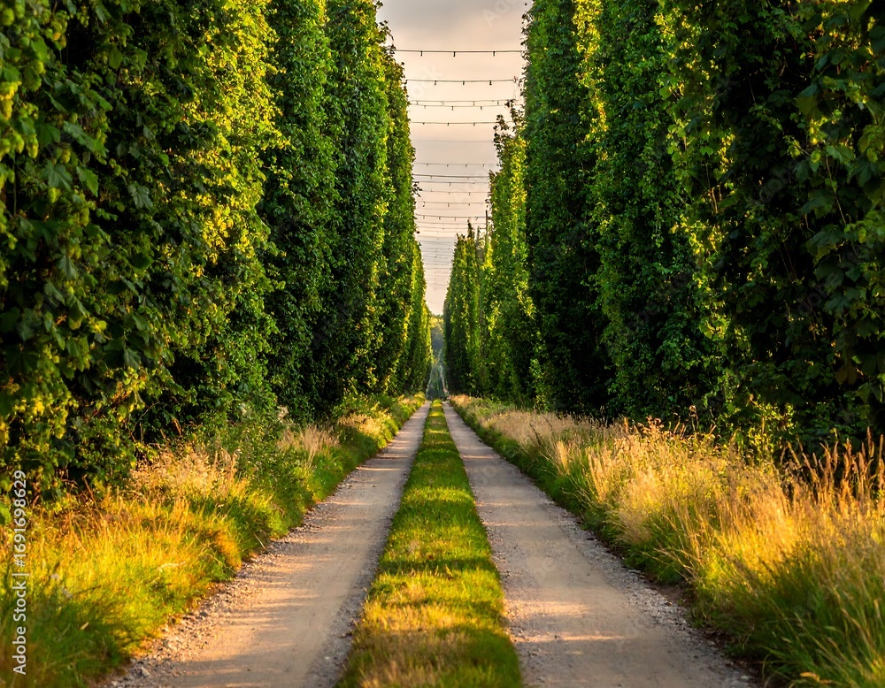 Obraz premium Hops farm pathway at sunset