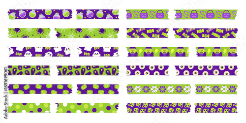 Flat washi tape set with Halloween design in purple and green tones, mixing abstract patterns with spooky icons like pumpkin, potion, ghost, and Frankenstein. Great for DIY and festive crafts.
