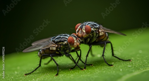 Two Flies Mating on a Leaf A Close-Up Image of Insect Reproduction