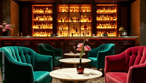 Sophisticated Indulgence  A Cozy Yet Grand Cocktail Bar Featuring Vibrant Velvet Chairs and Backlit Liquor Shelves