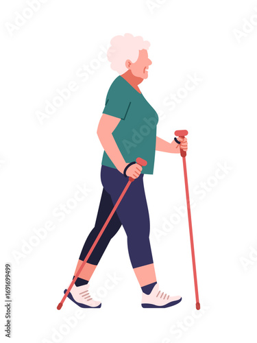 Senior woman holding poles doing Nordic walking in flat illustration. Cartoon style, vector isolated on white background