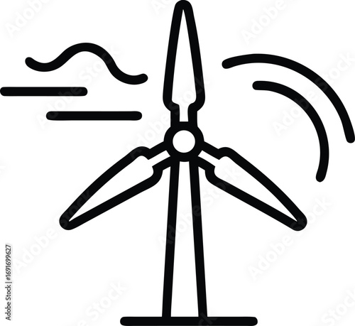 Wind turbine outline icon with wind current lines for green energy use