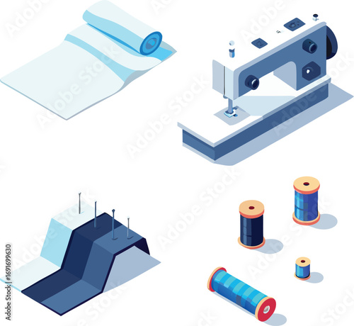 A sewing machine surrounded by spools of thread and needles, showcasing essential sewing tools and equipment.