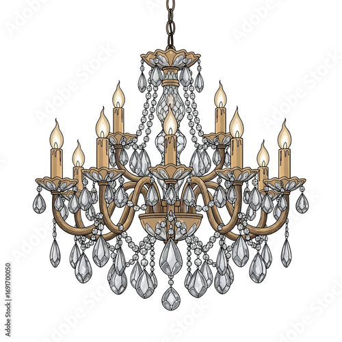An ornate, two-tiered crystal chandelier with glowing candle-like lights, featuring a classic, vintage design with intricate metalwork and hanging crystals, isolated on a white background.