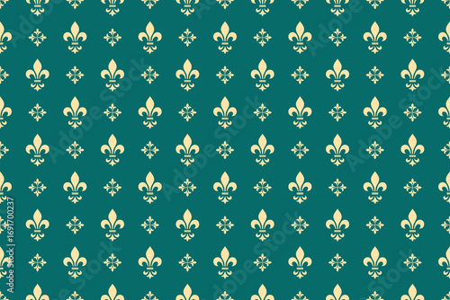 Wallpaper in the style of Baroque. Golden and green floral ornament. Seamless vector background. Graphic pattern for fabric, wallpaper, packaging. Ornate Damask flower illustration