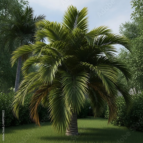 Palm Tree in Tropical Garden Setting.